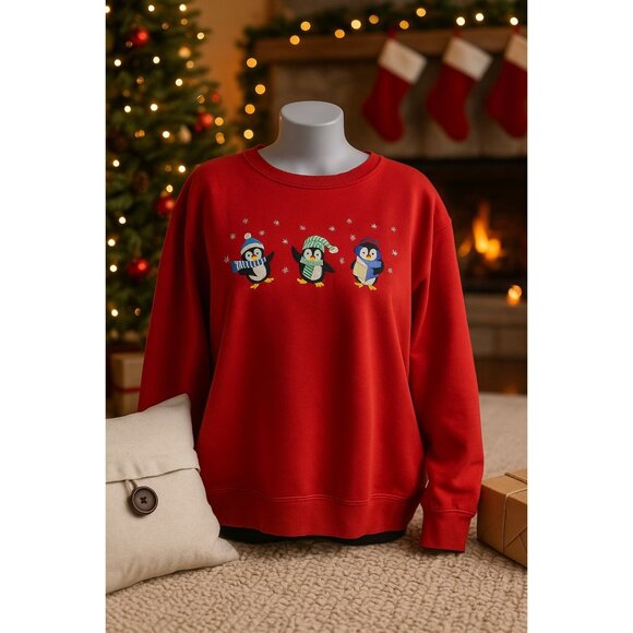 Vintage Speculation Christmas Sweatshirt Penguins 3X Red Embroidered Holiday - Picture 1 of 8